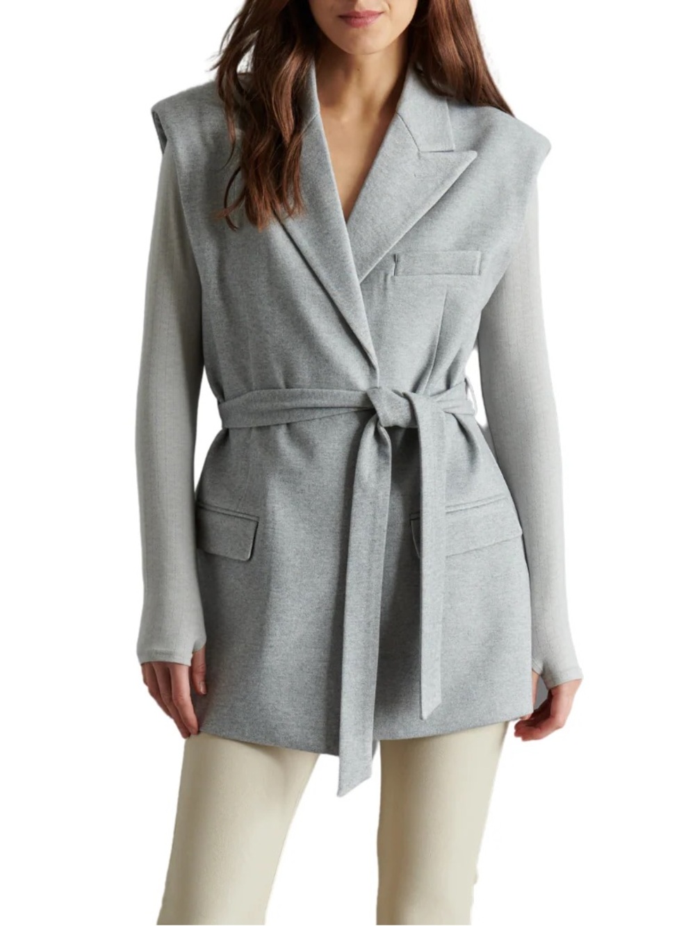 Steve Madden Gray Belted Longline Vest | Sleeveless Blazer Jacket | Size Medium